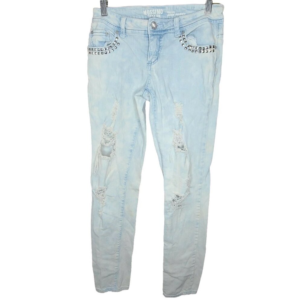 Mossimo Jeans Women Size 5 Blue Light Acid Wash Denim Skinny Studded Distressed
